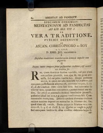 64-78, Meditat. Ad Pandect. Sp. CCCCXLIV. De Vera Traditione. Meditat. Ad Pandect. Sp. CCCCXLV. De Ficta Traditione.