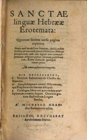 Sanctae linguae Hebraeae erotemata : ... Ab autore postremùm recognita.