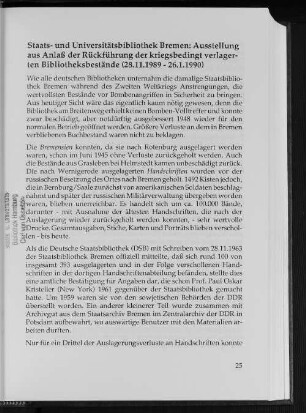 Staats- und Universitätsbibliothek Bremen: Ausstellung aus Anlaß der Rückführung der kriegsbedingt verlagerten Bibliotheksbestände (28.11.1989-26.1.1990)