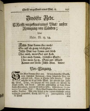 Zwölfte Rede. Christi vergossenes reines Blut/ unsere Reinigung von Sünden.