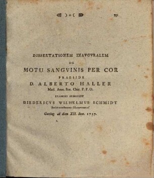 Dissertationem inaug. de motu sanguinis per cor.