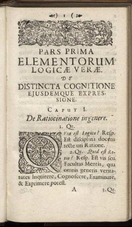 Pars Prima Elementorum Logicæ Veræ. De Distincta Cognitione Ejusdemque Expressione.