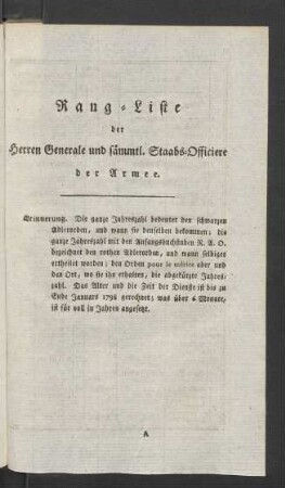 Rang-Liste der Herren Generale und sämmtl. Staabs-Officiere der Armee