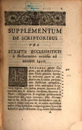 Supplementum de scriptoribus vel scriptis ecclesiasticis a Bellarmino omissis
