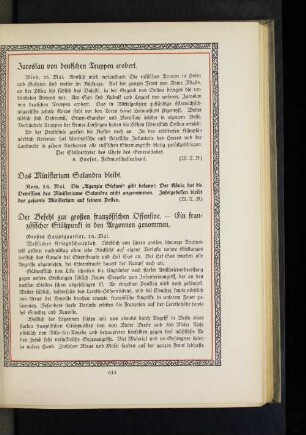 Der Befehl zur großen französischen Offensive. - Ein französischer Stützpunkt in den Argonnen genommen.