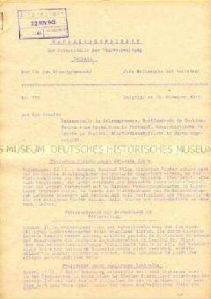 Interner Nachrichtendienst der Stadtverwaltung Leipzig u.a. zur Urtelsverkündung im "Belsen-Prozess" (Kurzmeldung) und zu einer Rundfunkrede de Gaulles ("Nur für den Dienstgebrauch")