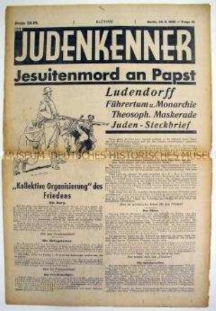 Völkisch-antisemitische Wochenzeitung "Der Judenkenner" mit Polemik gegen Judentum und Freimaurer