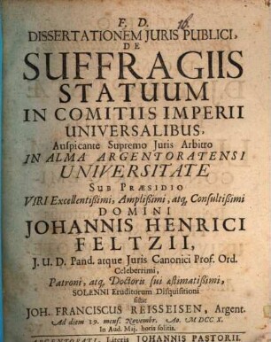 Dissertationem Juris Publici, De Suffragiis Statuum In Comitiis Imperii Universalibus