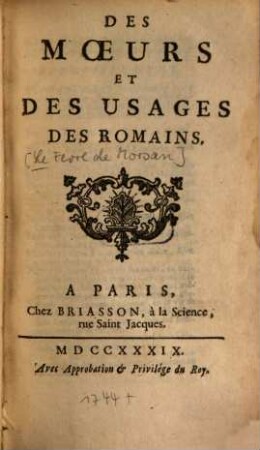 Des moeurs et des usages des Romains