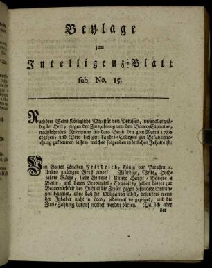 Beylage zum Intelligenz-Blatt sub No. 15