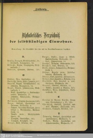 Einwohnerverzeichnis : Alphabetisches Verzeichniß der selbstständigen Einwohner