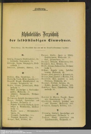 Einwohnerverzeichnis : Alphabetisches Verzeichniß der selbstständigen Einwohner