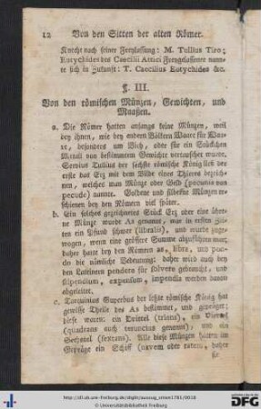 III. Von den römischen Münzen, Gewichten, und Maaßen.