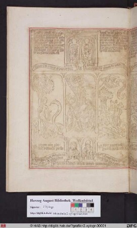 Drei biblische Szenen umgeben von vier Propheten. Mittig: Mariä Verkündigung. Links: Eva und die Schlange. Rechts: Gideon mit dem Vlies und dem Engel.