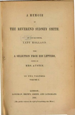 A memoir of the Reverend Sydney Smith. 1