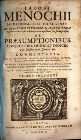 Iacobi Menochii ... De Praesumptionibus, Coniecturis, Signis, Et Indiciis, Commentaria : In Sex distincta Libros, & recèns in lucem edita, 2
