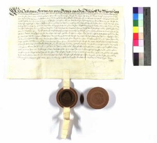 Bischof Johann Hartmann von Würzburg verleiht an Georg Friedrich, Graf von Hohenlohe Kälberbach; Siegel des Bischofs; Pergament.