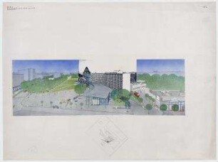 Bauwettbewerb Amerika-Gedenkbibliothek/Berliner Zentralbibliothek, AGB, 1. Phase (nicht realisiert) – Perspektivansicht von Osten. Berlin-Kreuzberg, Blücherplatz 1
