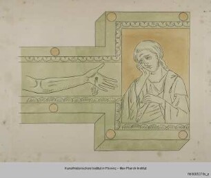Rechter Teil eines Kruzifixes mit dem rechten Arm des gekreuzigten Christus und dem Oberkörper Johannes Evangelistas