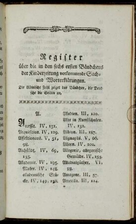 Register über die in den ersten Bändchen der Kinderzeitung vorkommende Sach- und Worterklärungen