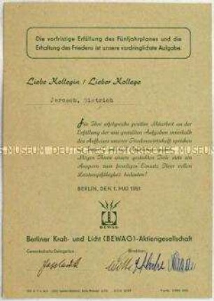 Vorgedrucktes Schmuckblatt der BEWAG-Direktion zur Anerkennung der erbrachten Arbeitsleistungen - Nachlass