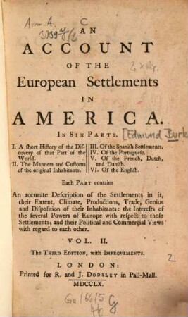 An account of the European settlements in America. 2. (1760). - 308 S. : 1 gef. Kt.