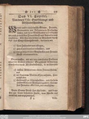 Das VI. Capitel. Von denen Visit- Empfehlungs- und Abschiedsschreiben.