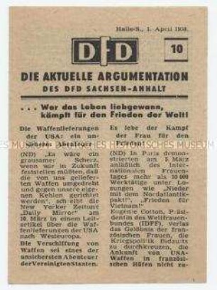 Informationsblatt des DFD Sachsen-Anhalt über Waffenlieferungen der USA nach Westeuropa