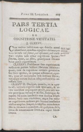 Pars Tertia Logicae. De Cognitione Veritatis