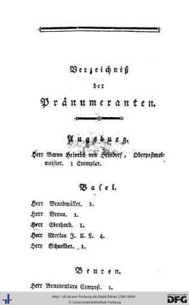 Verzeichnis der Pränumeranten