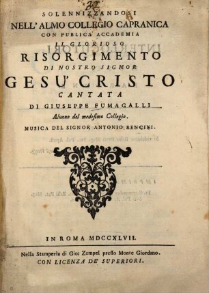 Il glorioso risorgimento di nostro Signor Gesù Cristo : Cantata