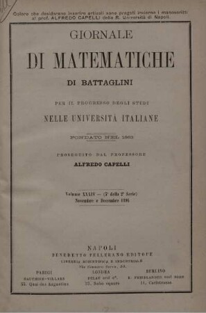 Volume XXXIV - Novembre e Decembre 1896.