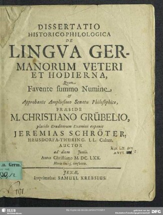 Dissertatio Historico-Philologica De lingva Germanicorum veteri et hodierna