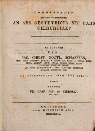 Commentatio exhibens disquisitionem: an ars obstetricia sit pars chirurgiae?