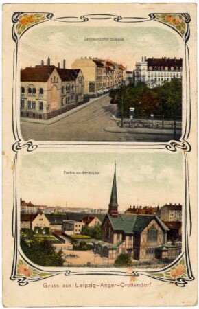 Gruss aus Leipzig-Anger-Crottendorf. : Zweinaundorfer Strasse. Partie an der Kirche
