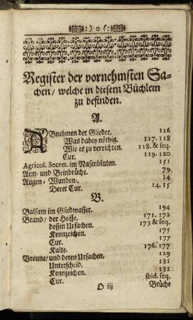 Register der vornehmsten Sachen/ welche in diesem Büchlein zu befinden.