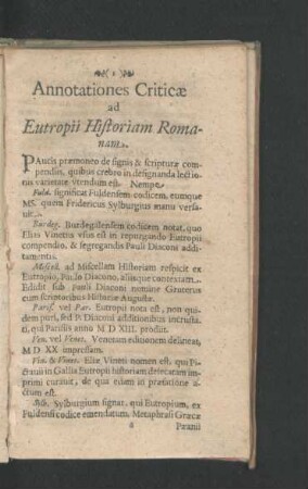 Annotationes Criticae ad Eutropii Historiam Romanam.