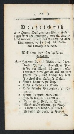 Verzeichniß aller Herren Doktoren der löbl. 4 fakultäten nach der Ordnung, wie sie einverleibt worden, ...