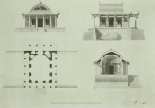Grundriß, Aufriß und Schnitt für einen chinesischen Pavillon, Zeichnung, um 1804.