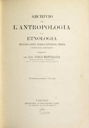 Archivio per l'antropologia e la etnologia. 23, 23. 1893