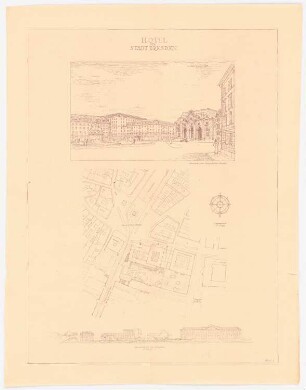 Hotel der Stadt Dresden: Lageplan und Ansicht des Elbufers 1:1000, perspektivische Ansicht