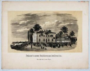 Das Ausflugslokal "Schillerschlösschen" (auch Felsners Etablissement) in Dresden am rechten Elbufer und an der Bautzner Straße östlich an Marcolinis Vorwerk angrenzend, im Hintergrund die Altstadt