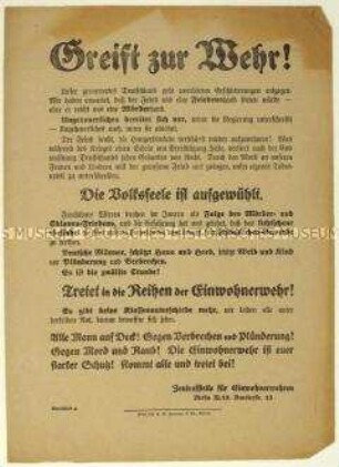 Aufruf zum Eintritt in die Einwohnerwehren im Zuge der Unterzeichnung des Versailler Vertrages