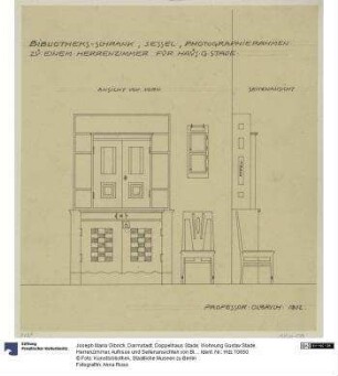 Darmstadt, Doppelhaus Stade, Wohnung Gustav Stade, Herrenzimmer, Aufrisse und Seitenansichten von Bibliotheksschrank und Stuhl sowie Aufriss des Bilderrahmens