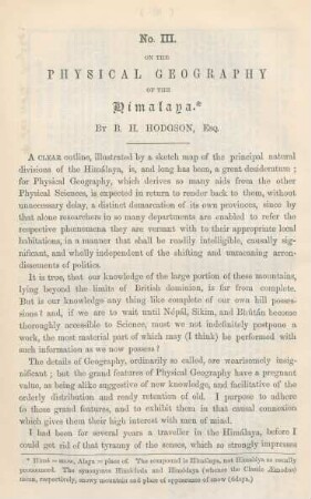 No. III. On the Physical Geography of the Himalaya