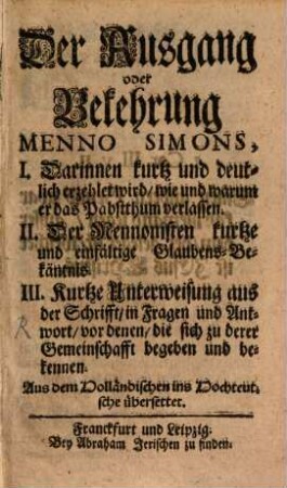 Der Ausgang oder Bekehrung Menno Simons