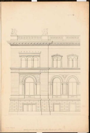 Landesbibliothek Berlin Schinkelwettbewerb 1875: Aufriss Fassade (Ausschnitt Eckrisalit); Maßstabsleiste
