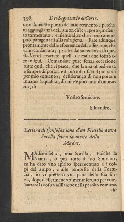 Lettera di Consolazione d' un Fratello a una Sorella sopra la morte della Madre.