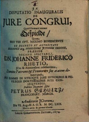 Disputatio Inauguralis De Iure Congrui, Quod Germani vocant Gespielde