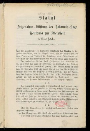 Statut der Stipendium-Stiftung der Johannis-Loge Teutonia zur Weisheit im Orient Potsdam